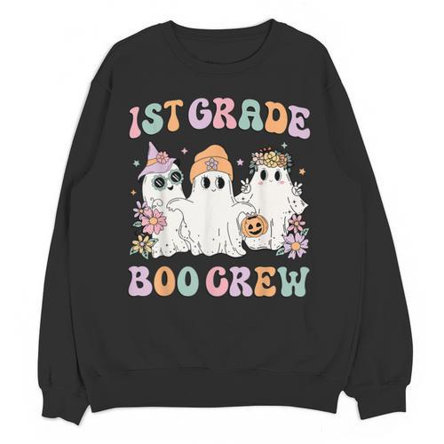 1st Grade Boo Crew Groovy Halloween Floral Ghost Kid Teacher Unisex Sweatshirt - teacherstshirts.com AU