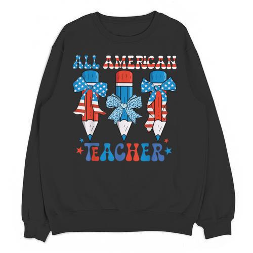 All American Teacher Pencil Coquette Bow USA Flag Teachers Unisex Sweatshirt - teacherstshirts.com CA