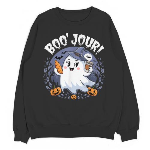 Boo Jour Ghost Halloween French Teacher Cute Coffe Croissant Unisex Sweatshirt - teacherstshirts.com