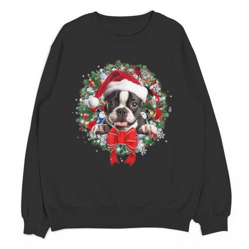 Boston Terrier Christmas Wreath Decoration Xmas Pajamas Unisex Sweatshirt - Bostonterriersmerch.com