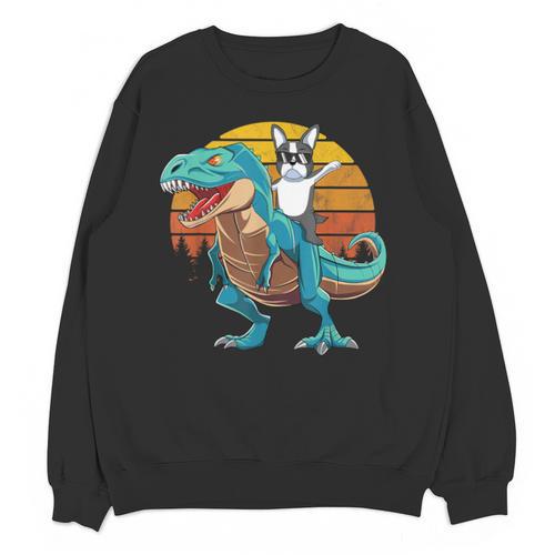 Boston Terrier Dog Riding Dinosaur T Rex Boys Unisex Sweatshirt - Bostonterriersmerch.com