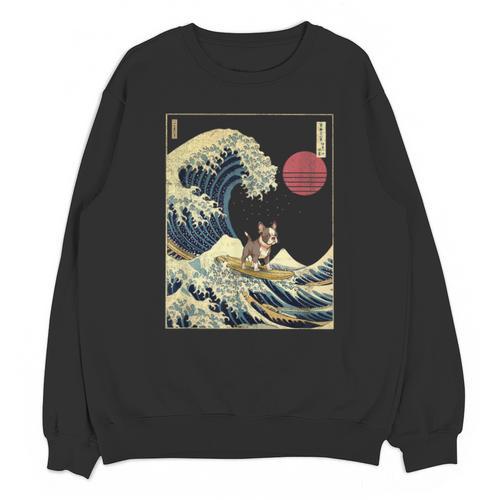 Boston Terrier Japanese Kanagawa Wave Surf Dog Unisex Sweatshirt - Bostonterriersmerch.com