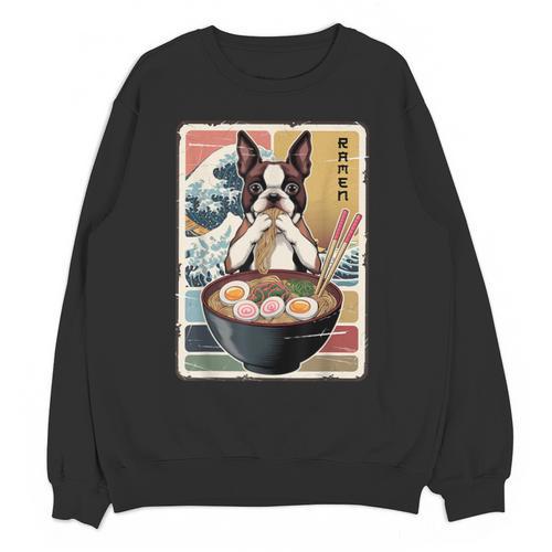 Boston Terrier Ramen Noodles Japanese Art Retro Ocean Waves Unisex Sweatshirt - Bostonterriersmerch.com