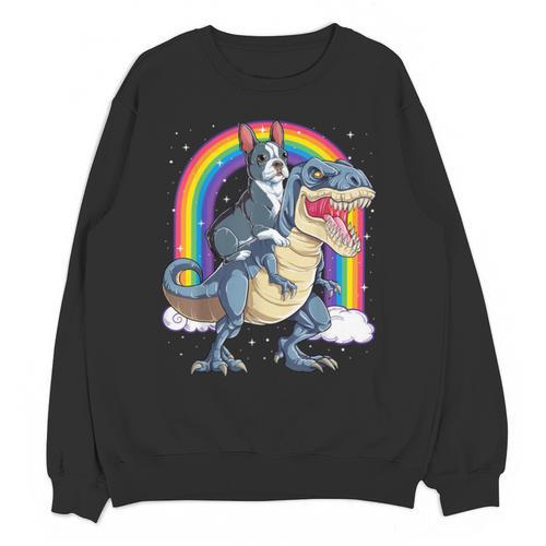 Boston Terrier Riding Dinosaur T-Rex Boys Kids Rainbow Unisex Sweatshirt - Bostonterriersmerch.com