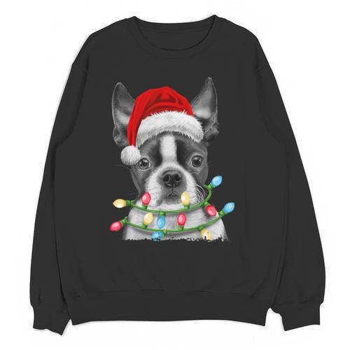 Boston Terrier Santa Christmas Tree Lights Xmas Boys Men Dog Unisex Sweatshirt - Bostonterriersmerch.com