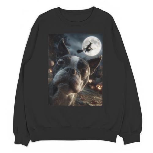 Boston Terrier Selfie Full Moon Flying Witch Halloween Dog Unisex Sweatshirt - Bostonterriersmerch.com