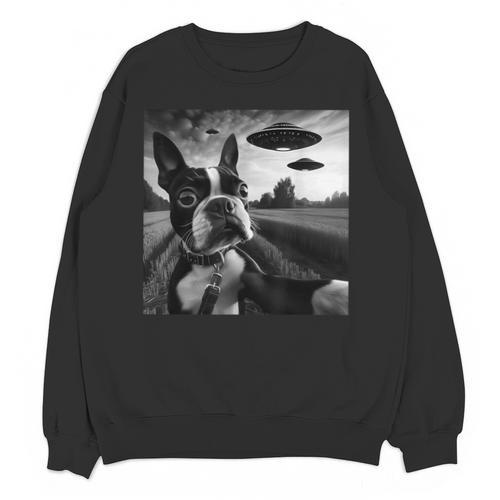 Boston Terrier Graphic Selfie With UFOs Weird Aliens Unisex Sweatshirt - Bostonterriersmerch.com