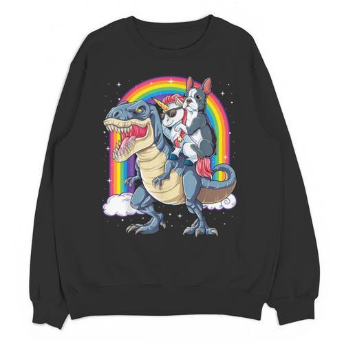 Boston Terrier Unicorn Riding Dinosaur T-Rex Girls Rainbow Unisex Sweatshirt - Bostonterriersmerch.com