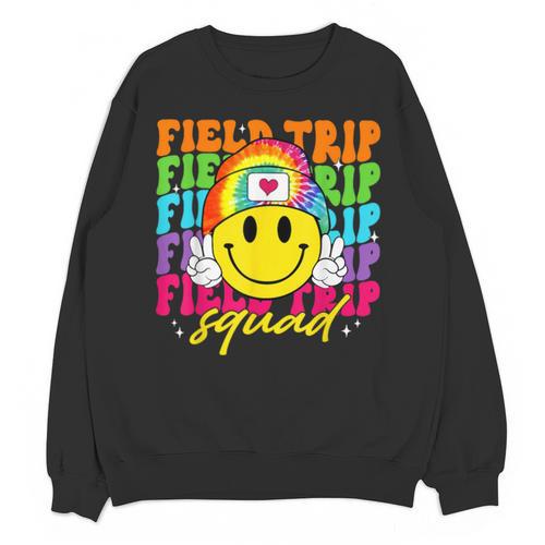 Field Trip Squad Groovy Field Day Smile Face Teacher Tie Dye Unisex Sweatshirt - teacherstshirts.com DE