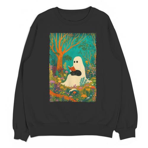Groovy Ghost Reading Book Cat Halloween Ghost Teacher Unisex Sweatshirt - teacherstshirts.com AU