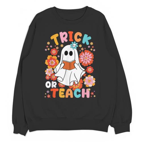 Groovy Halloween Trick Or Teach Retro Floral Ghost Teacher For Men Women Kids Unisex Sweatshirt - teacherstshirts.com DE