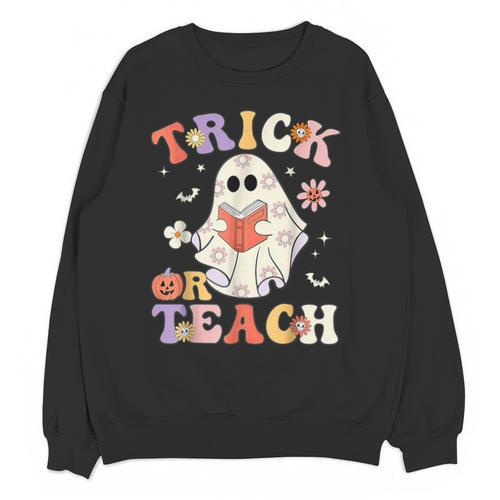 Groovy Halloween Trick Or Teach Retro Floral Ghost Teacher Unisex Sweatshirt - teacherstshirts.com UK