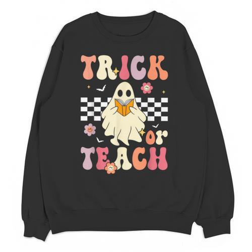 Groovy Teacher Halloween Retro Trick Or Teach Floral Ghost Unisex Sweatshirt - teacherstshirts.com