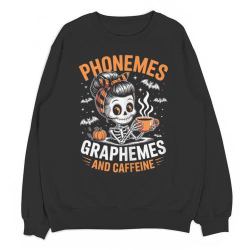 Halloween Skeleton Teacher Phonemes Graphemes Caffeine Lover Unisex Sweatshirt - teacherstshirts.com DE