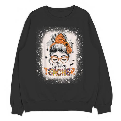 Messy Bun Spooky Teacher Bleached Halloween Teachers Unisex Sweatshirt - teacherstshirts.com DE