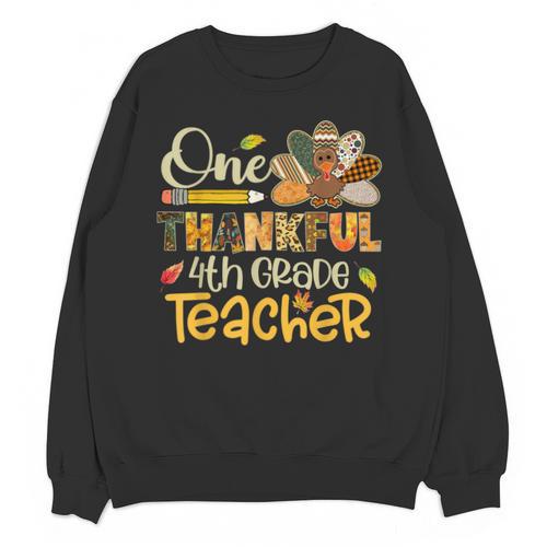 One Thankful 4th Grade Teacher Turkey Leopard Thanksgiving Unisex Sweatshirt - teacherstshirts.com AU