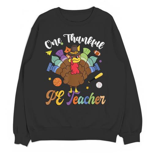 One Thankful PE Teacher Turkey Thanksgiving -Adults & Kids Classic Fit Polyester 100 Short Sleeve Unisex Sweatshirt - teacherstshirts.com UK