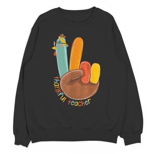 One Thankful Teacher Thanksgiving Turkey Peace Hand Sign Unisex Sweatshirt - teacherstshirts.com