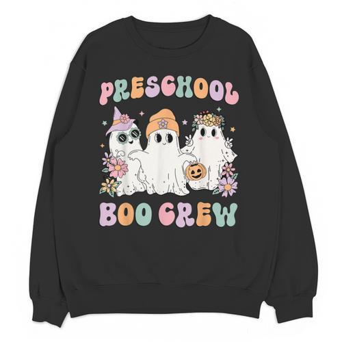 Preschool Boo Crew Groovy Halloween Floral Ghost Teacher Men Women Kids Unisex Sweatshirt - teacherstshirts.com AU
