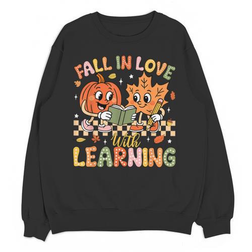 Retro Fall In Love With Learning Autumn Pumpkin Teacher Kids Unisex Sweatshirt - teacherstshirts.com AU