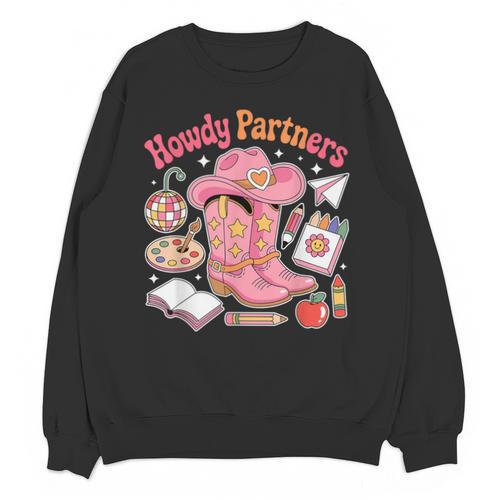 Retro Howdy Partners Cowgirl Cowboy Teacher Back To School Unisex Sweatshirt - teacherstshirts.com AU