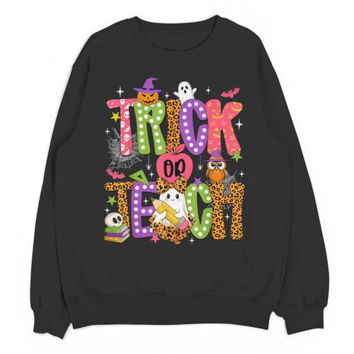 Retro Trick Or Teach Leopard Ghost Halloween Spooky Teacher Unisex Sweatshirt - teacherstshirts.com AU