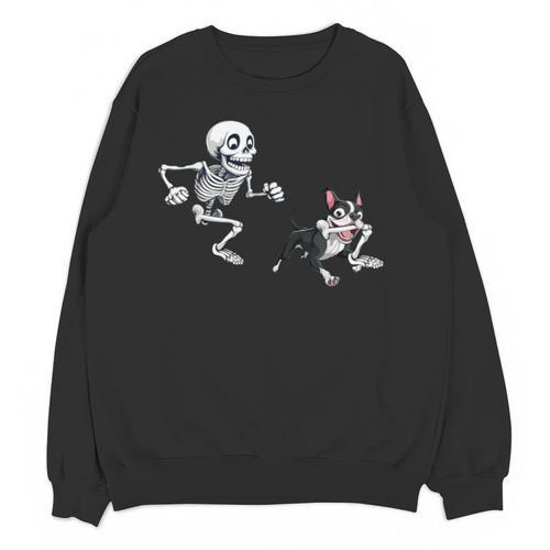 Skeleton Chasing Dog Boston Terrier Halloween Pet Lover Unisex Sweatshirt - Bostonterriersmerch.com