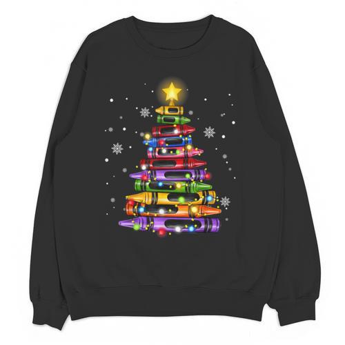 Teacher Crayon Christmas Tree Lights Student School Xmas Unisex Sweatshirt - teacherstshirts.com