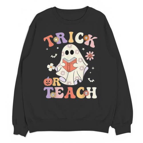 Teacher Halloween Trick Or Teach Floral Ghost Unisex Sweatshirt - teacherstshirts.com CA