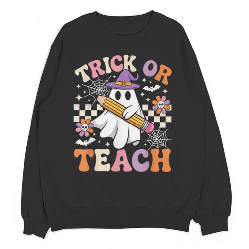 Trick Or Teach Groovy Teacher Halloween Retro Ghost Unisex Sweatshirt - teacherstshirts.com AU