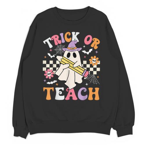 Trick Or Teach Groovy Teacher Halloween Retro Teacher Ghost Unisex Sweatshirt - teacherstshirts.com AU