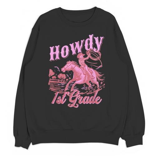 Vintage Howdy First Grade Cowgirl Teacher Western School Unisex Sweatshirt - teacherstshirts.com AU