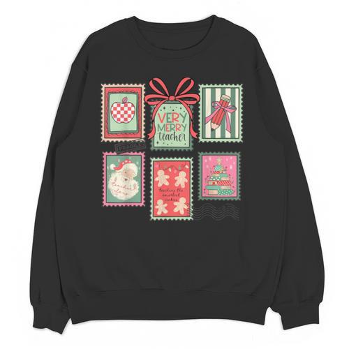 Vintage Preppy Very Merry Teacher Santa Stamps Christmas Unisex Sweatshirt - teacherstshirts.com AU