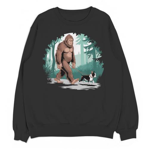 Whimsical Forest Adventures Sasquatch Bigfoot Walking Boston Terrier Dog Lovers Unisex Sweatshirt - Bostonterriersmerch.com