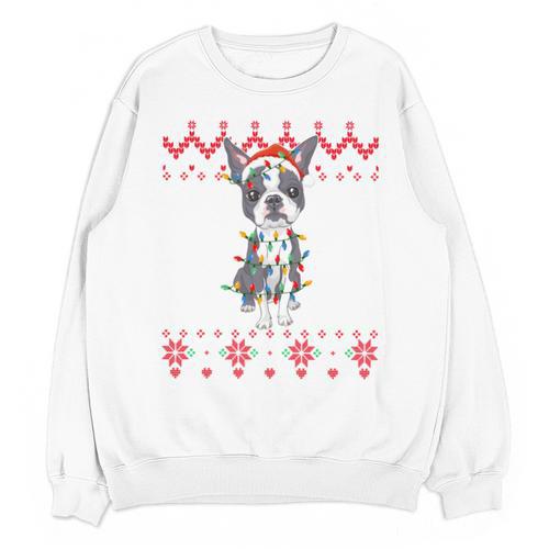 Boston Terrier Dog Santa Hat Men Kids Ugly Christmas Light Unisex Sweatshirt - Bostonterriersmerch.com
