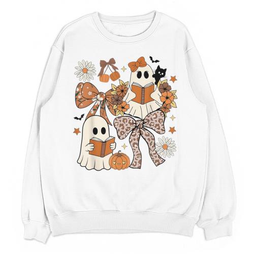 Ghost Reading Books Halloween Bow Spooky Teacher Student Unisex Sweatshirt - teacherstshirts.com AU