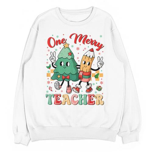 One Merry Teacher Groovy Christmas Tree Pjs Xmas Teacher Unisex Sweatshirt - teacherstshirts.com AU