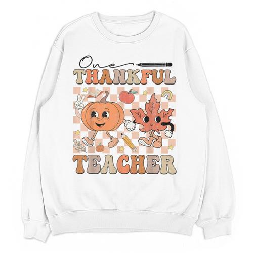 One Thankful Teacher Thanksgiving Groovy Fall Autumn Teacher Unisex Sweatshirt - teacherstshirts.com UK