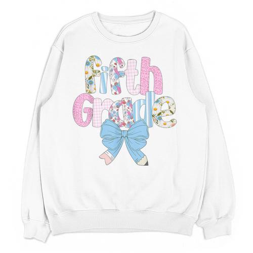Preppy Fifth Grade Teacher Blue Floral Coquette Pencil Bow Unisex Sweatshirt - teacherstshirts.com CA