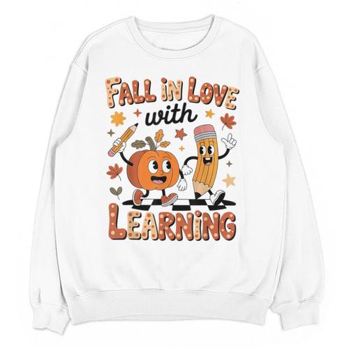 Retro Fall In Love With Learning Autumn Pumpkin Teacher Kids Unisex Sweatshirt - teacherstshirts.com DE