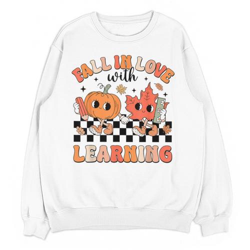 Retro Fall In Love With Learning Autumn Pumpkin Teacher Unisex Sweatshirt - teacherstshirts.com