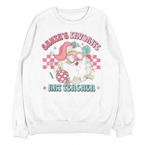 Retro Pink Christmas Santa's Favorite Art Teacher Artist Unisex Sweatshirt - teacherstshirts.com AU