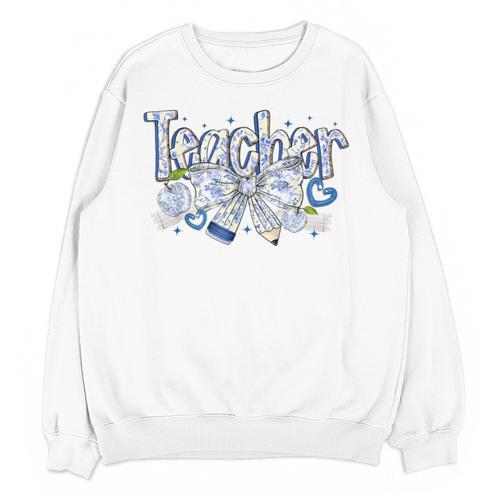 Teacher Blue Chinoiserie Coquette Bow Heart Teacher Life Unisex Sweatshirt - teacherstshirts.com CA