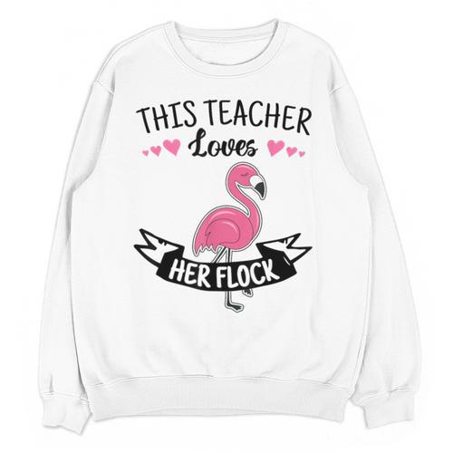 This Teacher Loves Her Flock Cute Flamingo Teacher Unisex Sweatshirt - teacherstshirts.com UK