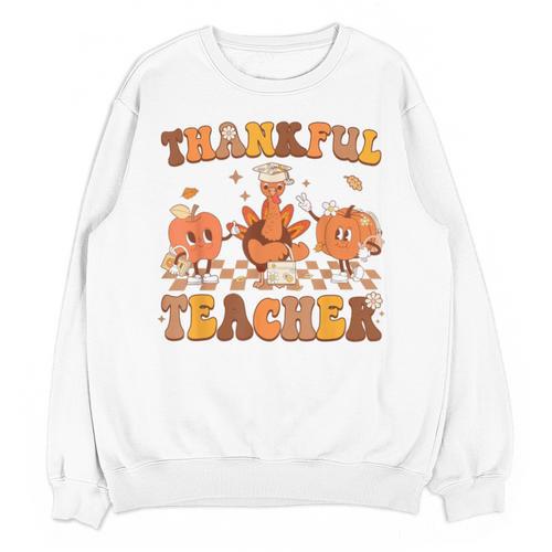 Thankful Teacher Retro Groovy Thanksgiving Fall Women Men Unisex Sweatshirt - teacherstshirts.com