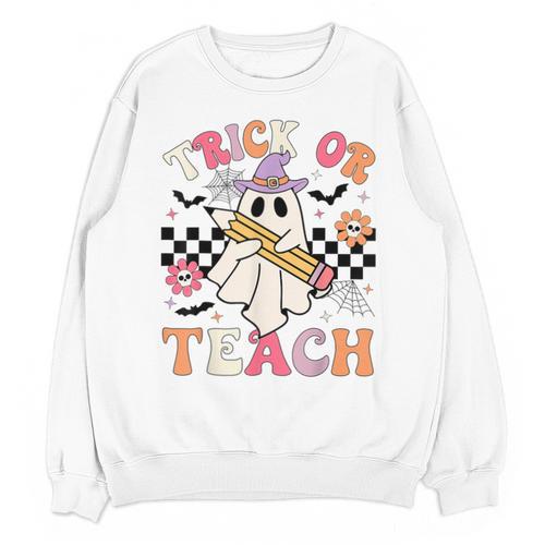 Trick Or Teach Groovy Teacher Halloween Retro Floral Ghost Unisex Sweatshirt - teacherstshirts.com