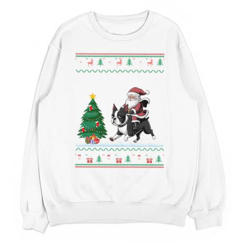 Ugly Christmas Tree Lights Xmas Santa Riding Boston Terrier Unisex Sweatshirt - Bostonterriersmerch.com