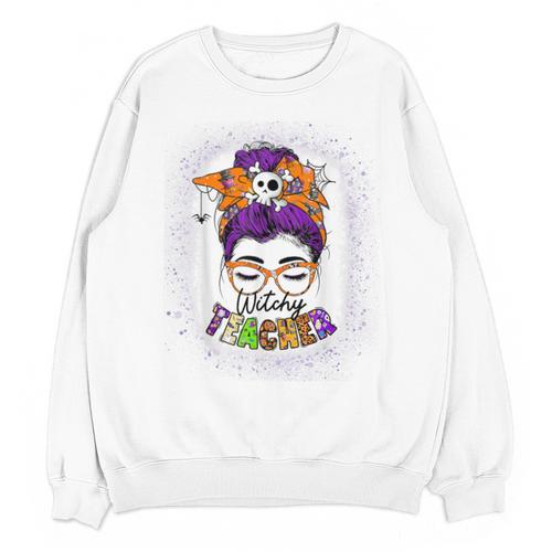 Witchy Teacher Halloween Messy Bun Teacher Bleached Unisex Sweatshirt - teacherstshirts.com DE