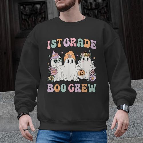 1st Grade Boo Crew Groovy Halloween Floral Ghost Kid Teacher Men Graphic Sweatshirt - teacherstshirts.com DE
