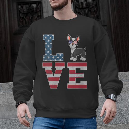4th Of July Decor Patriotic LOVE Boston Terrier USA Flag Men Graphic Sweatshirt - Bostonterriersmerch.com